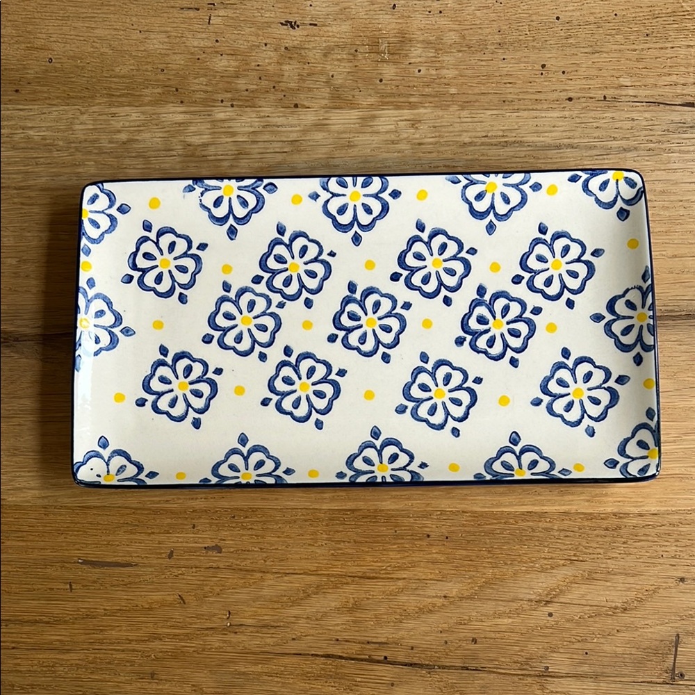 Floral Patterned Rectangular Porcelain Serving Tray Yellow Blue White Colored